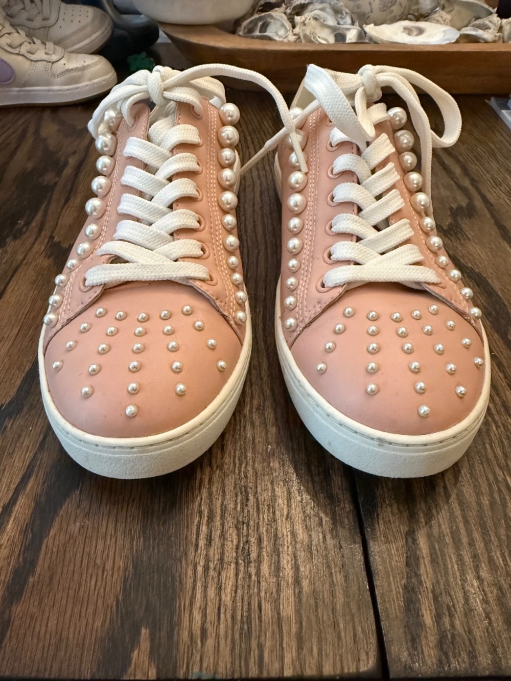 Stuart Weitzman Pink Leather Pearl-Embellished Sneakers - Picture 2 of 5